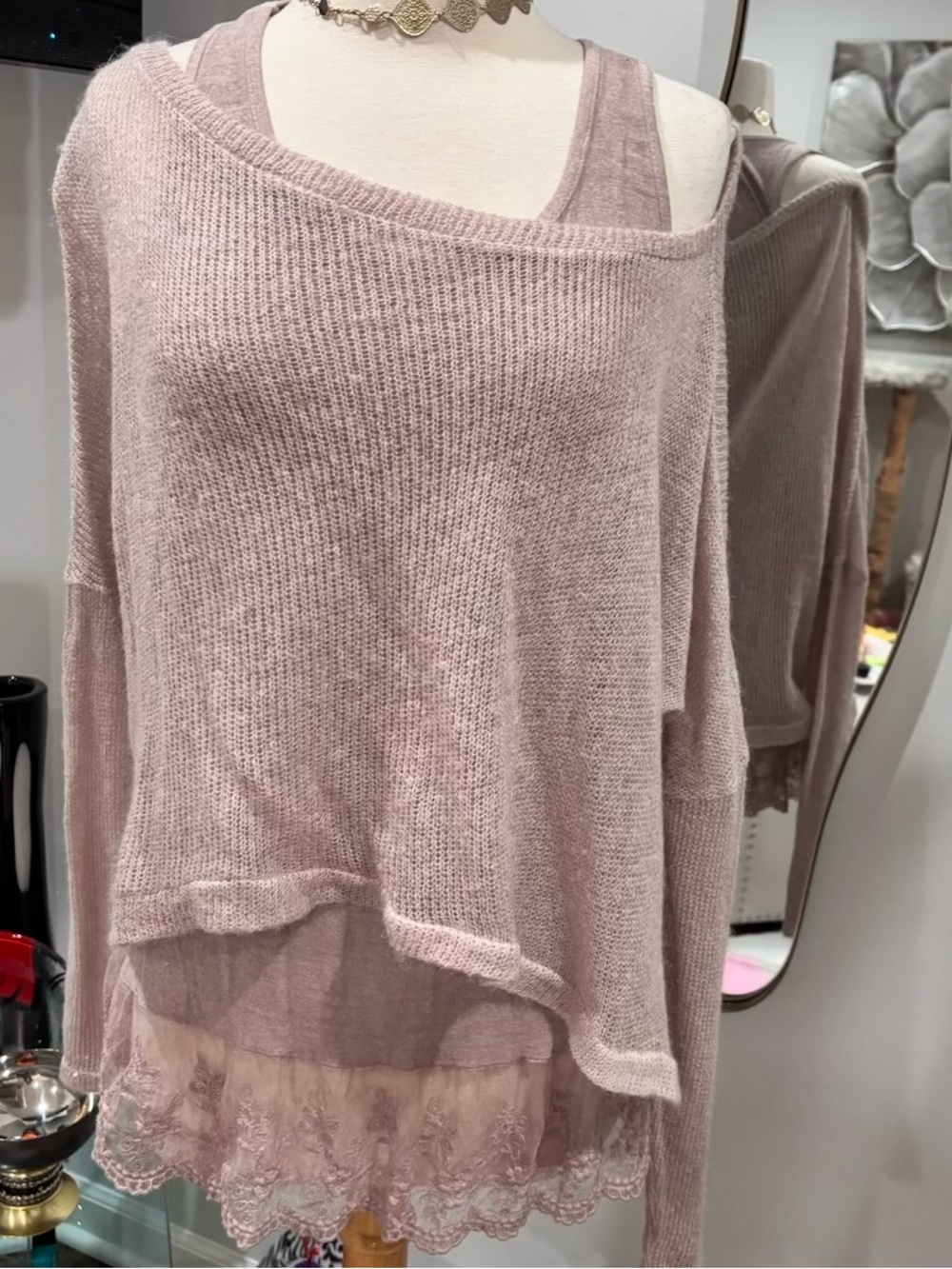 New Collection Made in Italy Mauve Mohair Blend Layered Tunic Sweater Set